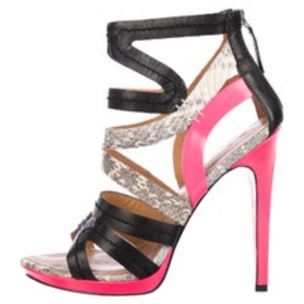 L.A.M.B. Snakeskin-Trimmed Cage Sandals Size: 8 - Picture 1 of 6